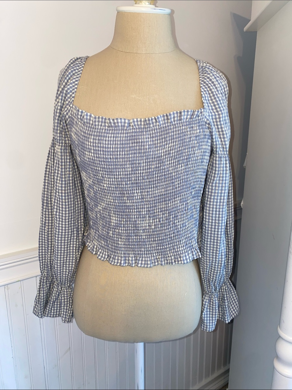 Gingham Square-Neck Smocked Top - Light Blue/Gray